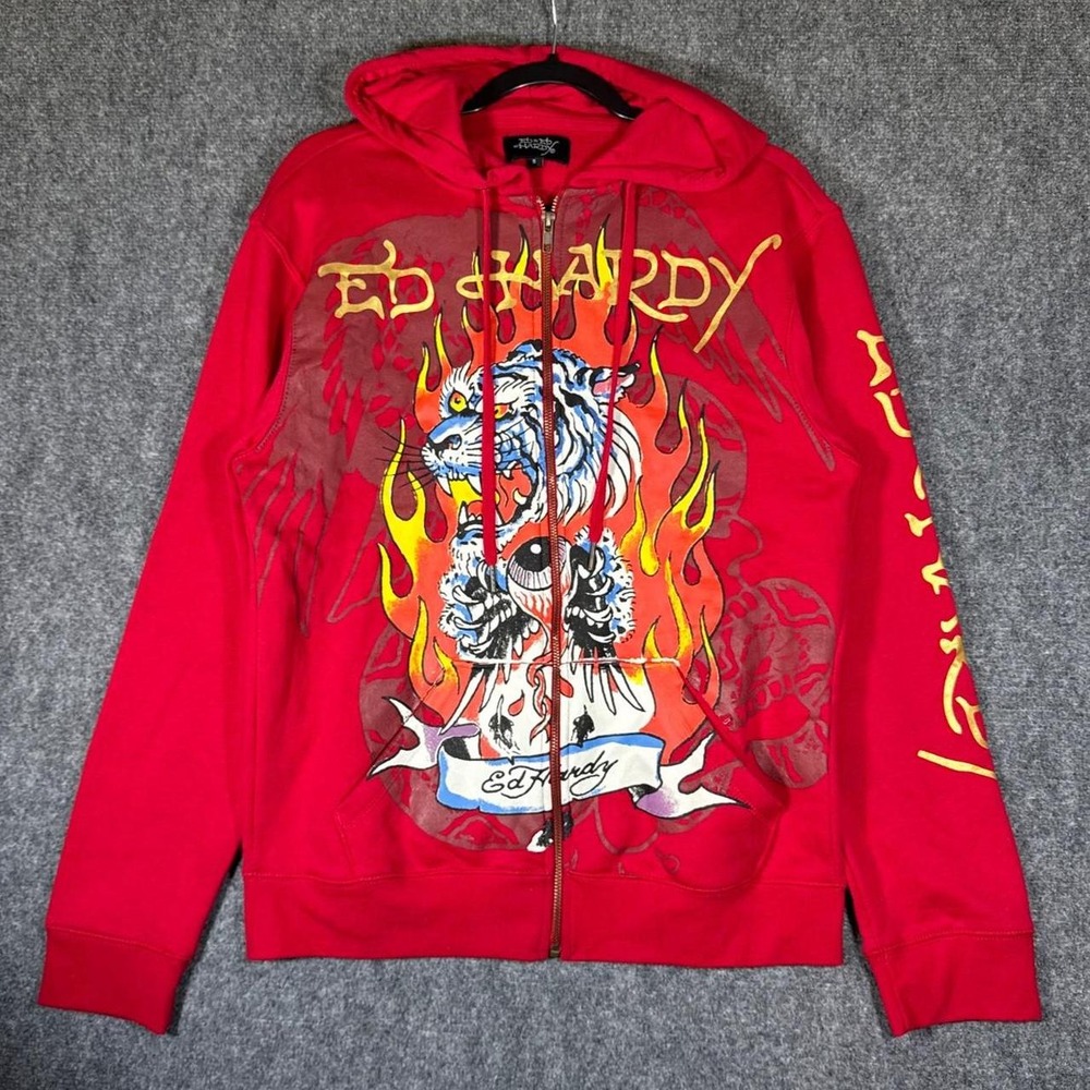 Ed Hardy Mens Red Zip Up Hoodie White Tiger Flames Tattoo Graphic Small